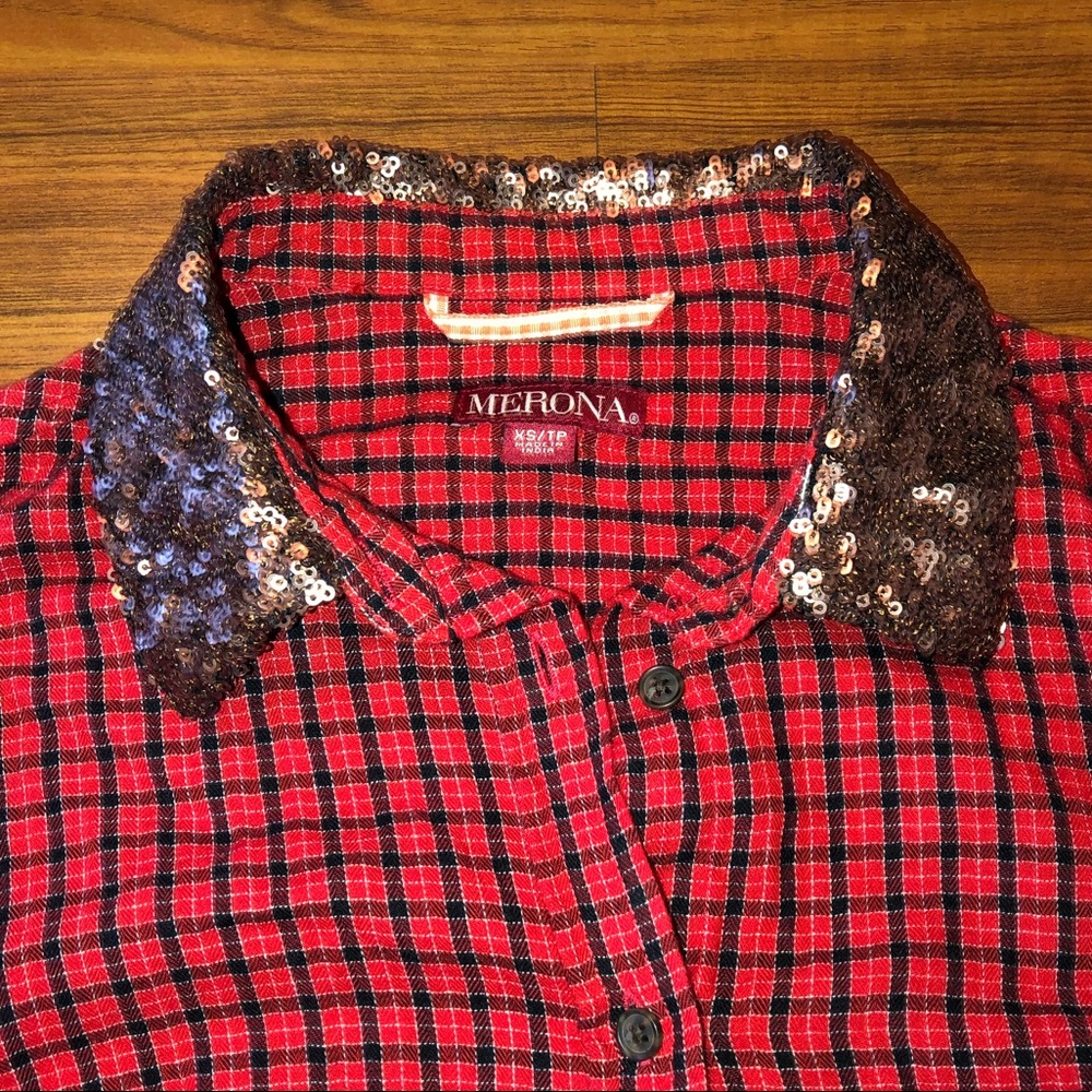 Merona Sequin Collar Red Plaid button up shirt XS